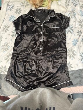 Black Satin Short Pajama Set with White Piping